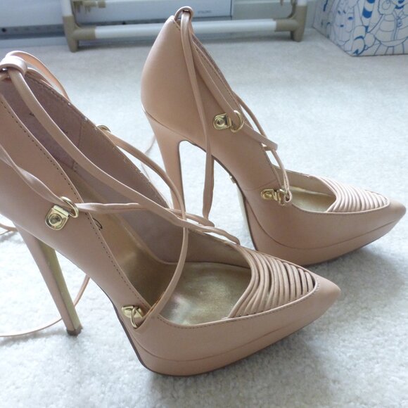 BEBE cream platform stiletto lace up pointy toe heels - Picture 9 of 11